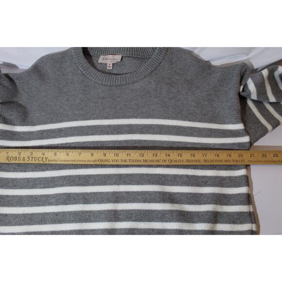 Philosophy Gray White Striped Knit Sweater Women's XL Crewneck Ribbed Ham Cuffs - Picture 9 of 10